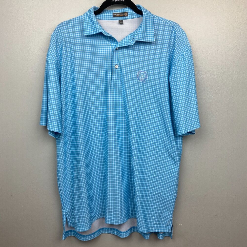 Peter millar shirt mens L blue short sleeve polo plaid summer comfort golf light